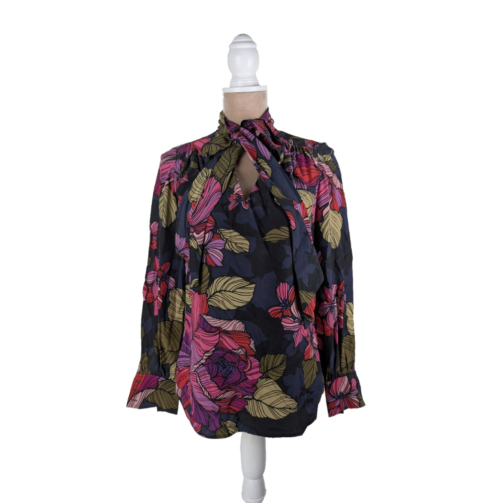 Trina Turk Demming Silk Floral Blouse Top Neck Tie Black Multi Colorful Vacation